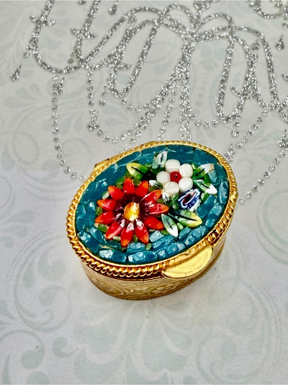 Vintage Gold Mosaic Floral Trinket Box with Turquoise Inlay